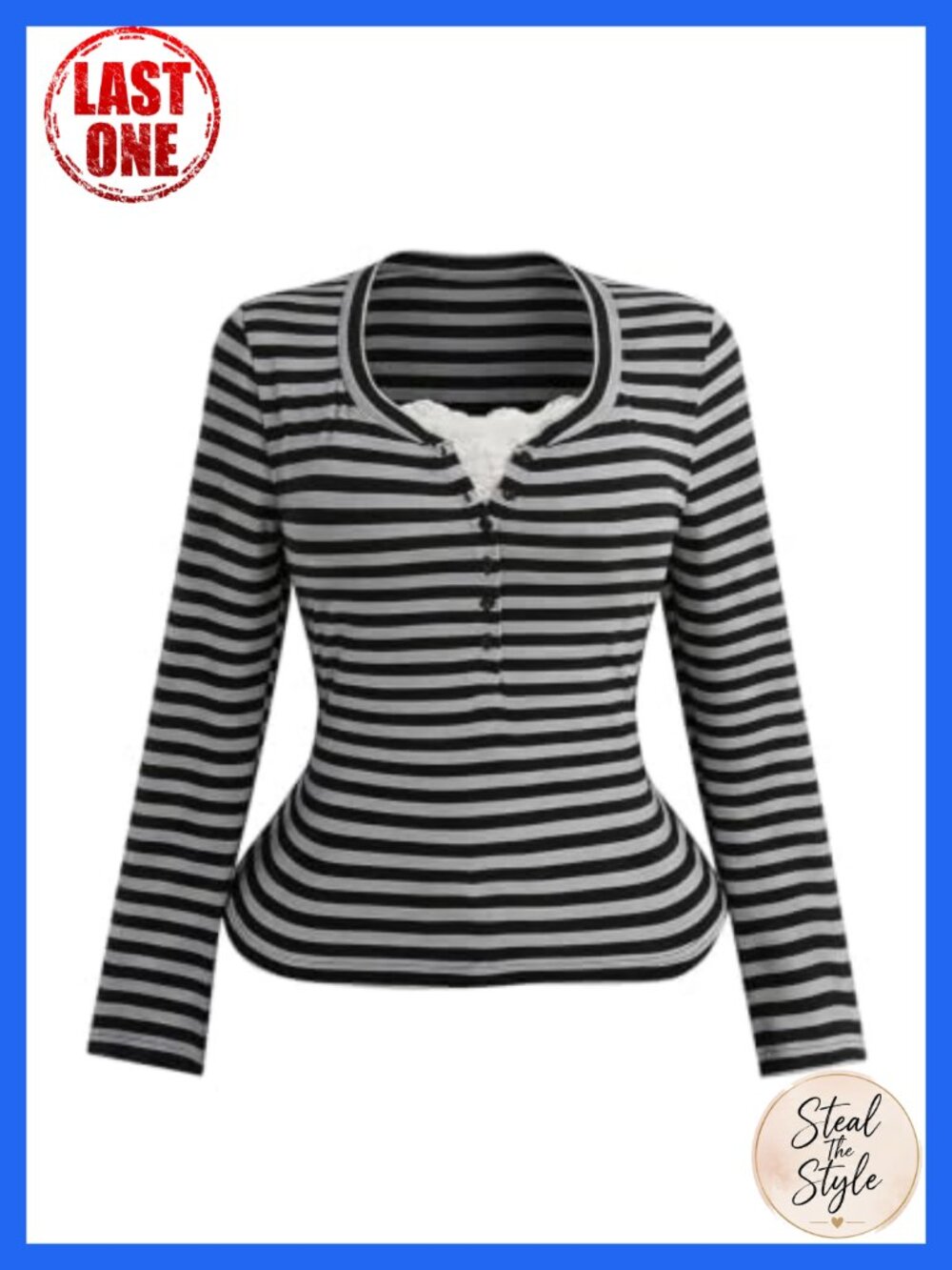 Plus Size Striped Long Sleeve Lace V-Neck Henley Tee